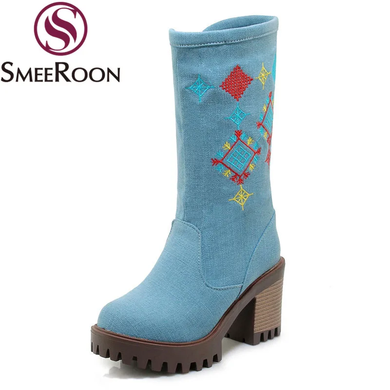 Smeeroon/зимние ботинки из джинсовой ткани с вышивкой до середины икры на молнии в