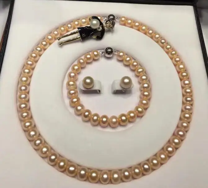 Бесплатная доставка 8-9 мм AAA розовый Лавандовый пресноводный жемчуг ожерелье браслет серьги брошь наборы бесплатная коллокация