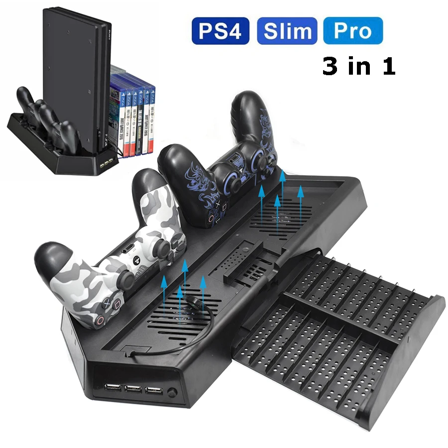 PS4 Pro ТОНКАЯ вертикальная подставка охлаждающий вентилятор кулер с двойным контроллером зарядная станция и 3 дополнительных порта концентратора для Playstation 4 PS4