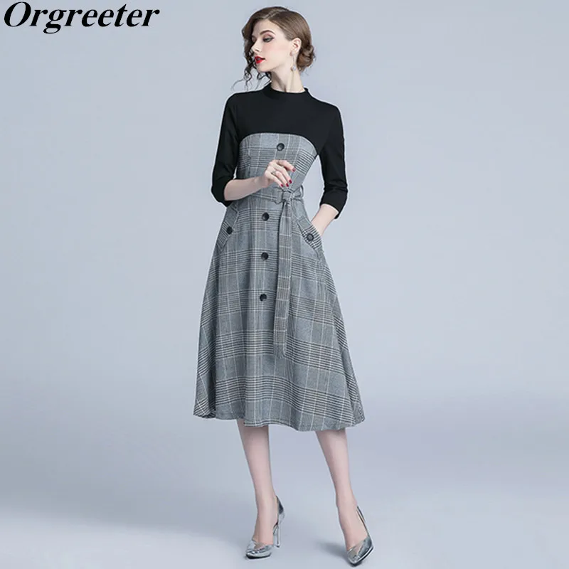 Поддельные 2 предмета в винтажном стиле модное платье Черный серый цвет