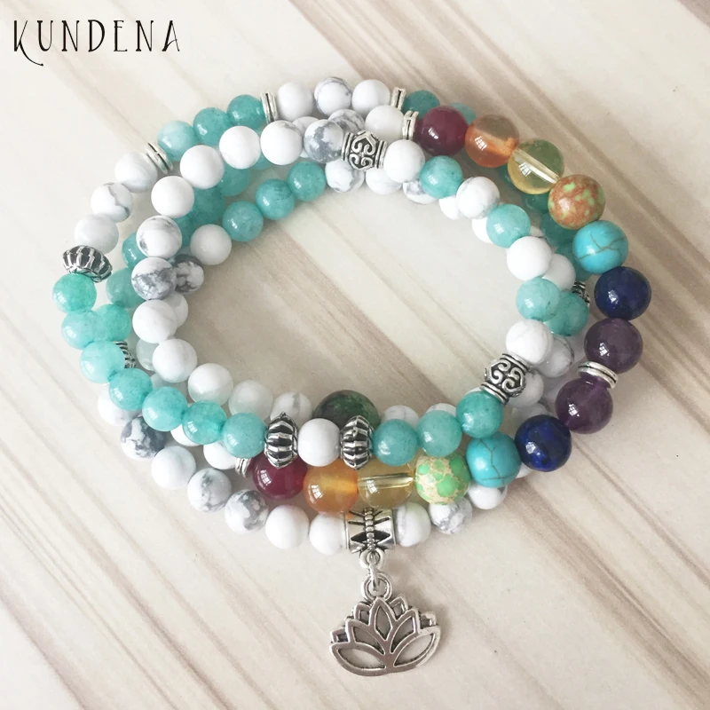 Calm japa цветок лотоса 7 Чакра howlite турмалин браслет для женщин бисера 108 мала для медитации мала обертывание браслет