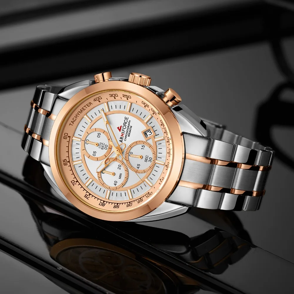ARMIFORCE модный хронограф мужские часы полностью из нержавеющей стали Кварцевые
