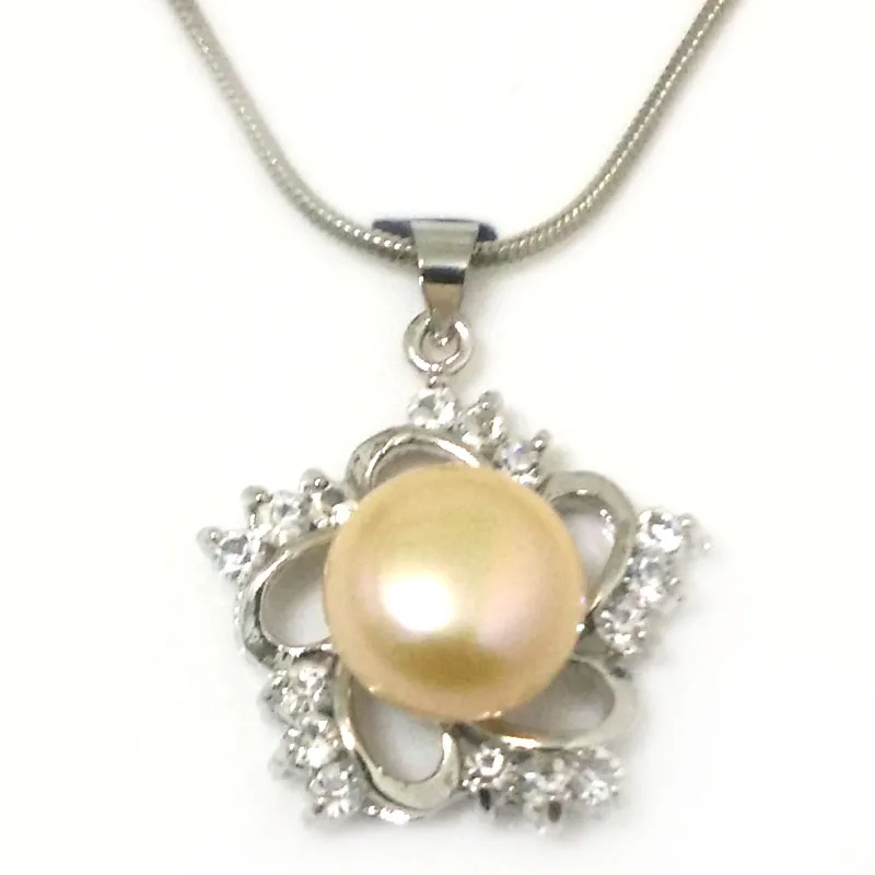 

18 inches Snowflake Style 11-12mm Natural Pink Button Pearl 925 Sterling Silver Pendent Necklace with Zirconia