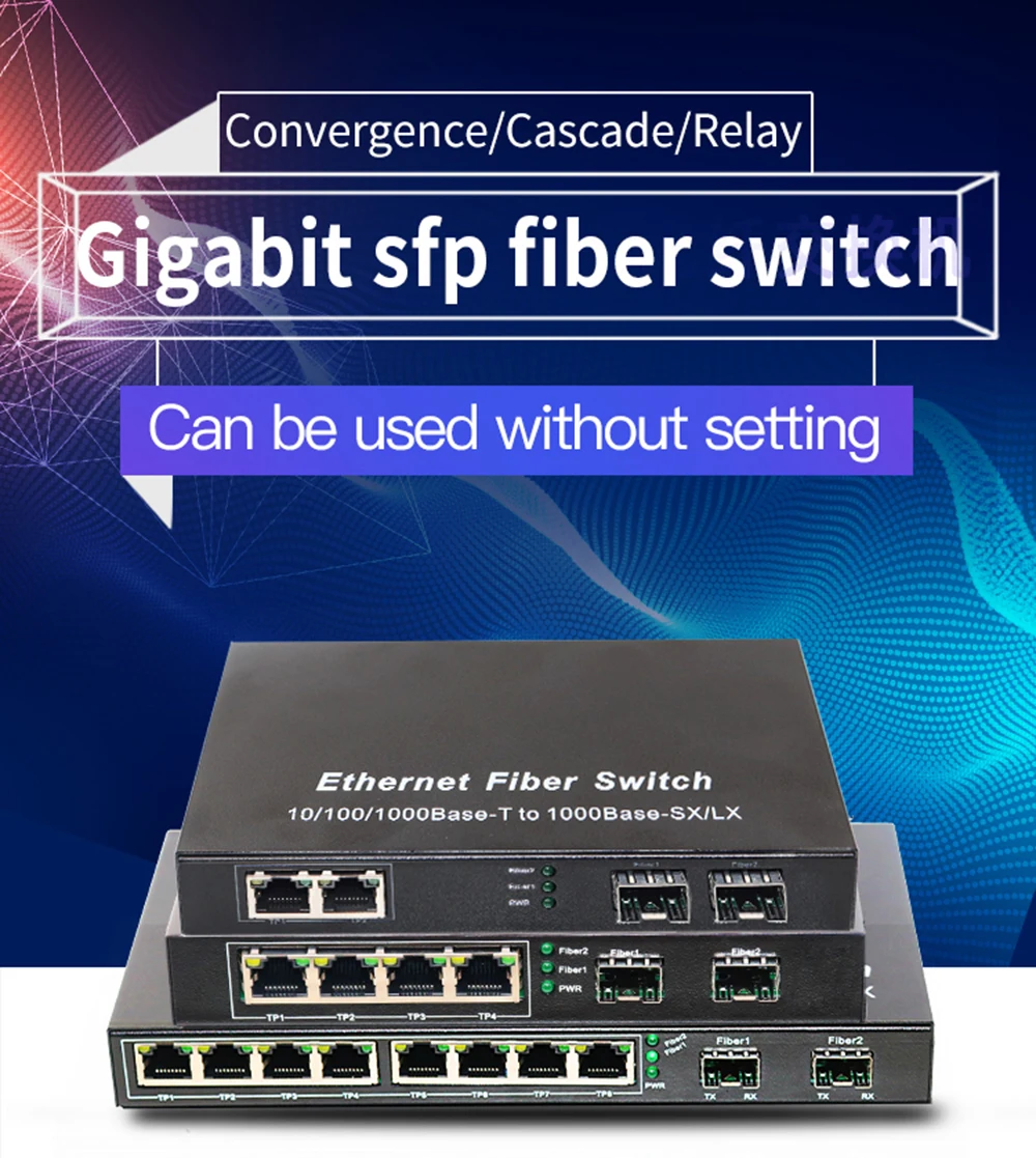 10-портовый гигабитный коммутатор SFP Медиаконвертер 1000M 2 оптоволоконных порта SFP и 2/4/8 сетевых портов RJ45 Волоконно-оптические коммутаторы SFP включают оптоволоконные модули SFP