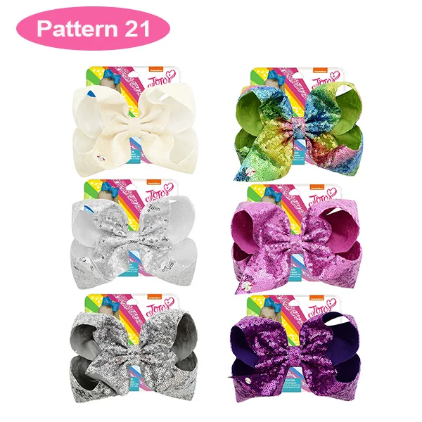 Pattern21 8 дюймовые большие Jojo заколки для волос для девочек, банты с металлическими и карточными блестками, Радужный Единорог, рог, бант-узел, 27 стилей, Jumbo Jo Ленточные банты - Цвет: Pattern21