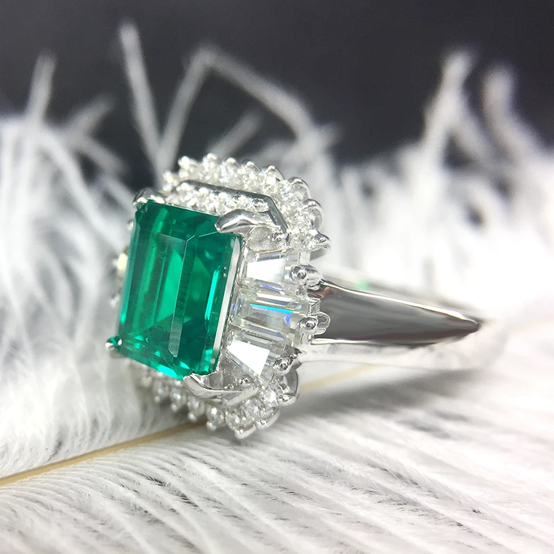 

AEAW 4ct AAA Lab Created Colombian Emerald CCE Emgagement Ring Genuine Solid 14k White Gold with Lab Diamond Moissanite