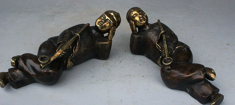 7" Rare China Bronze gilt landowner smoking capitalist couple Smoker Statue Pair | Дом и сад