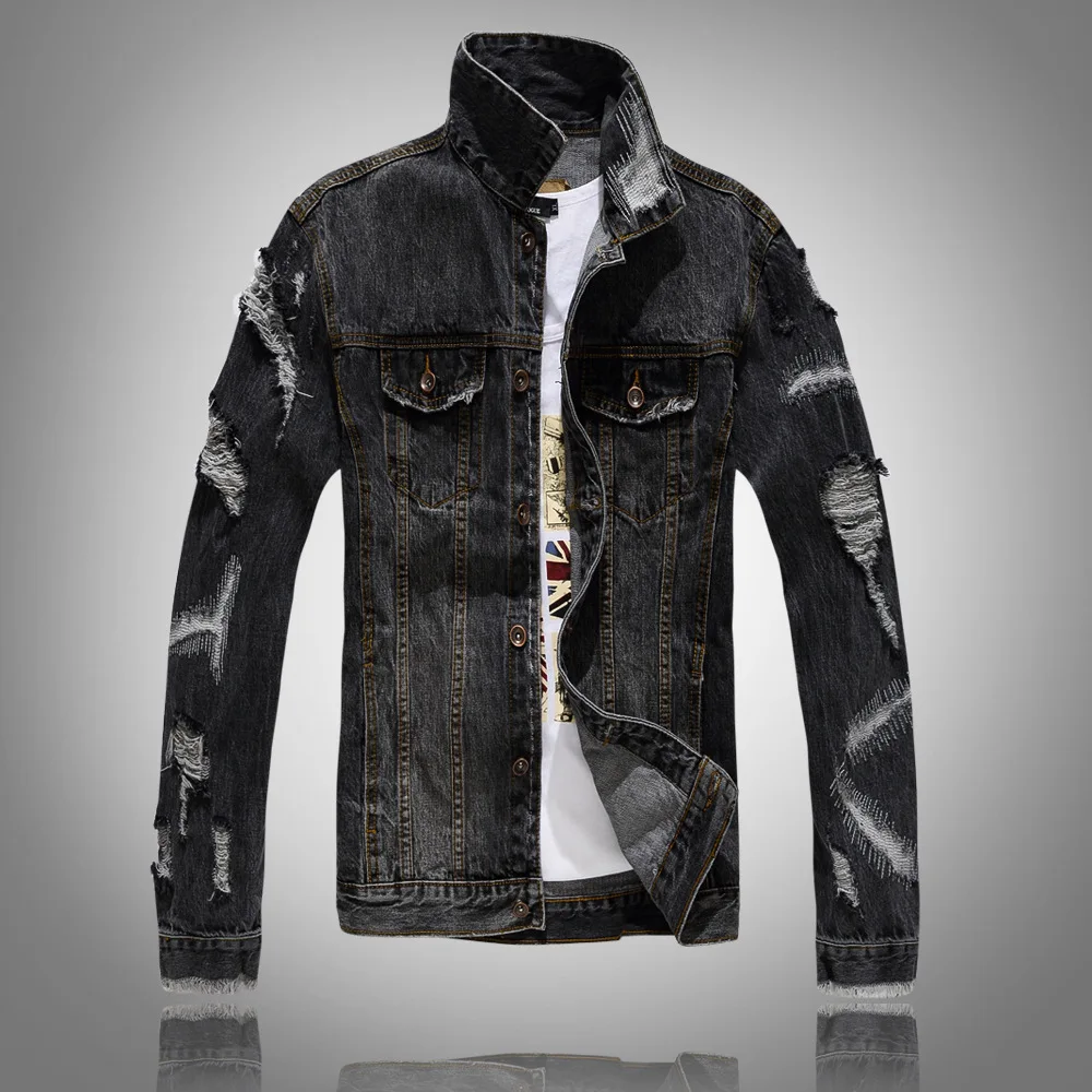 

Autumn Hip Hop Destroyed Denim Jacket Men's Ripped Black Jean Jacket Korean Fashion Clothing Vintage Bomber Cowboy coat 061906