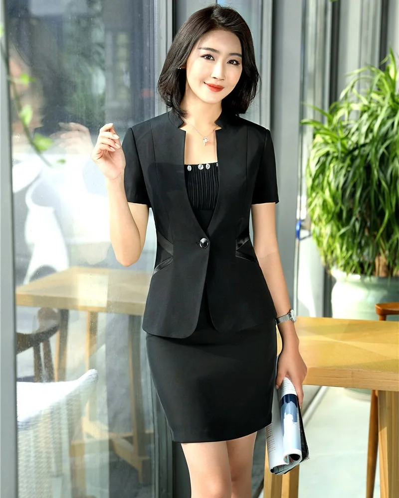 Летний модный женский костюм с юбкой темно синий Блейзер и пиджак комплект