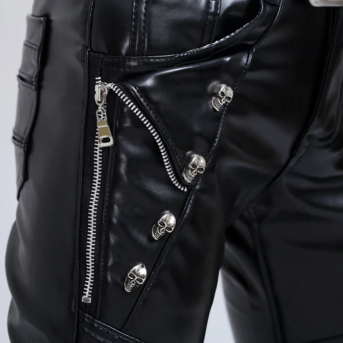 Metrosexual череп заклепки ПУ искусственная кожа брюки мужские модные леггинсы