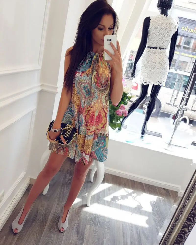 Женское летнее платье без рукавов Boho повседневное пляжное мини в богемном