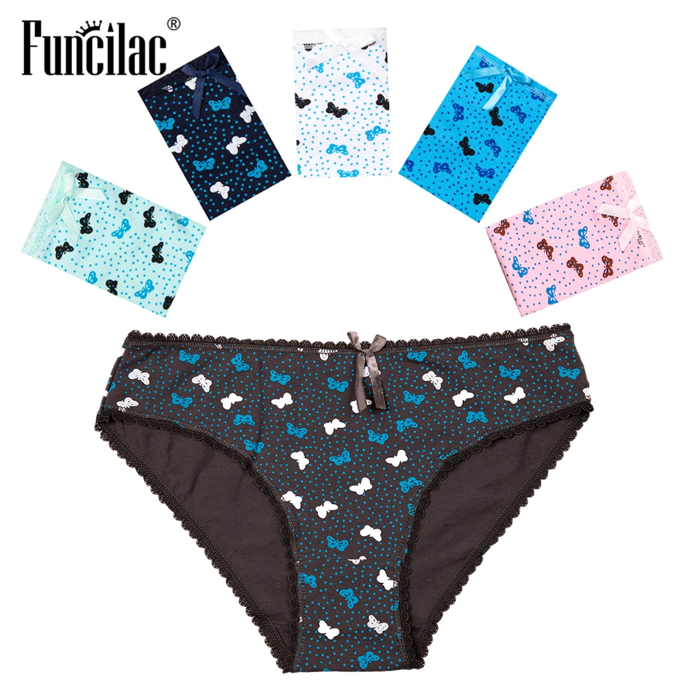 FUNCILAC трусы для женщин хлопковые сексуальные кружевные трусики размера плюс нижнее белье для девушек нижнее белье с принтом бабочки в полоску 5 шт./лот