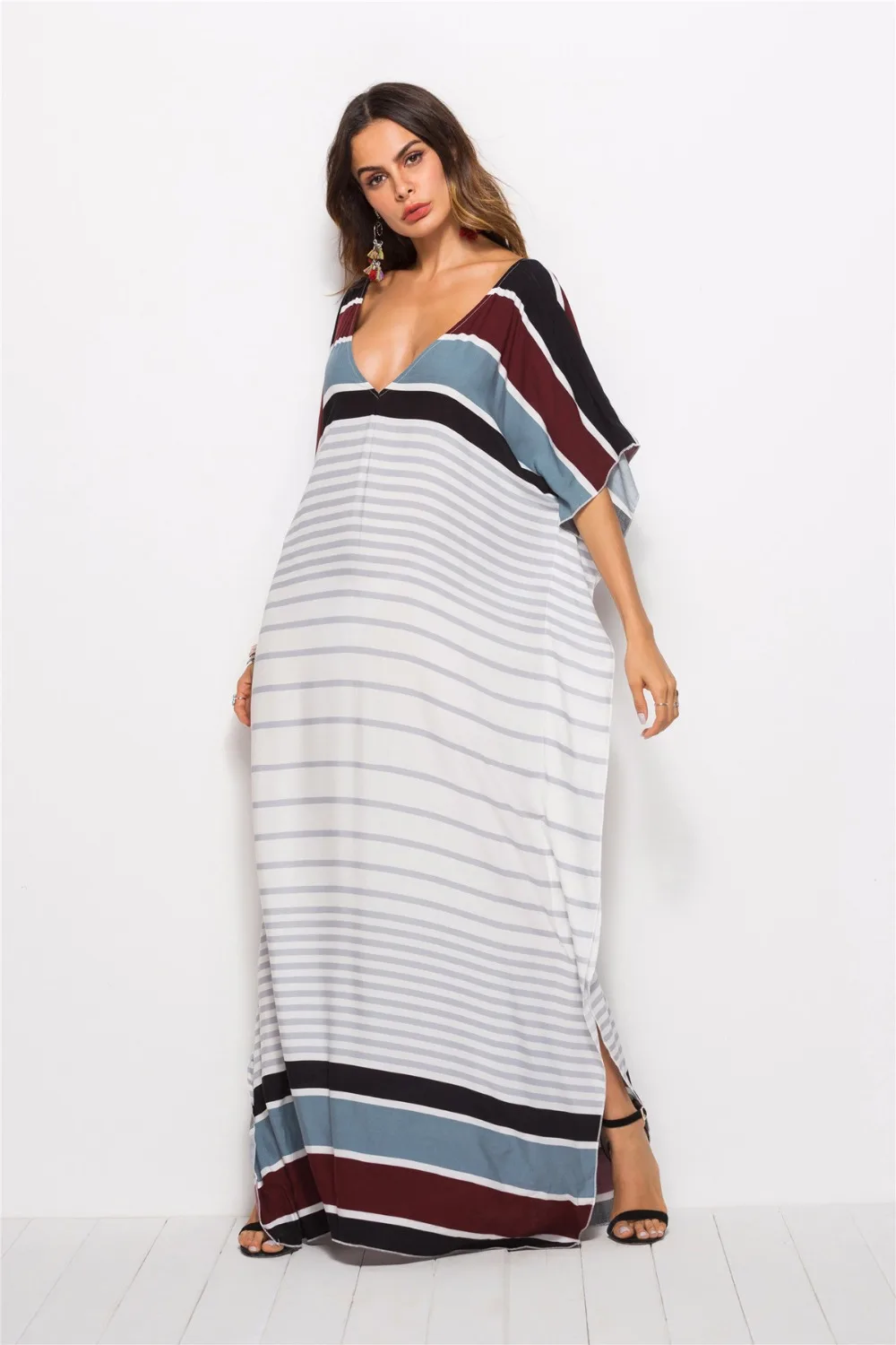 BOHOFREE Arabian Style Striped Kaftan Oversized Loose Long Gown Street Fashion Maxi Robe Hippie Dress Women Beach Dresses | Женская