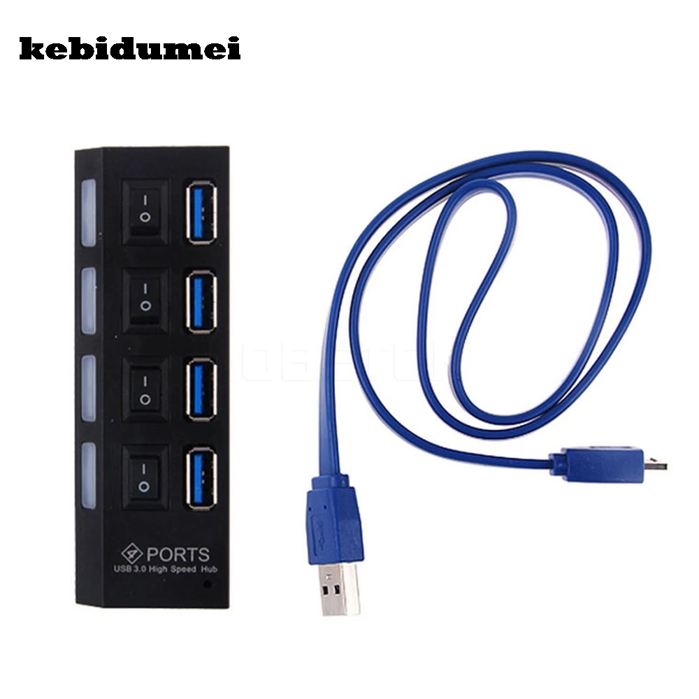 

kebidumei 4 Ports USB 3.0 HUB With On/Off Switch High Speed For Desktop Laptop USB Devices With USB Cable Without Power Supply