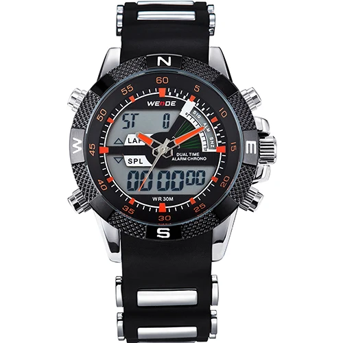 Silicone Orange Hand WEIDE Часы Мужчины LCD Аналоговые Цифровые Часы Спорт Задняя Подсветка Будильник Оригинальныые ПУ Ремешок Секундомер Автоматическая дата Секунда Месяц Дата Неделя Кварцевый Водонепроницаемые Наручные Мужские Часы - Цвет: Silicone Orange Hand