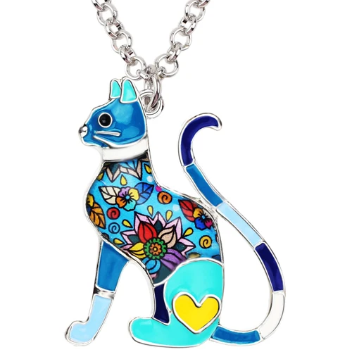 Blue Bonsny Enamel Alloy Elegant Floral Kitten Cat Necklace Pendant Collar Fashion Animal Jewelry For Women Girl Lady Pet Lovers Gift - Окраска металла: Blue