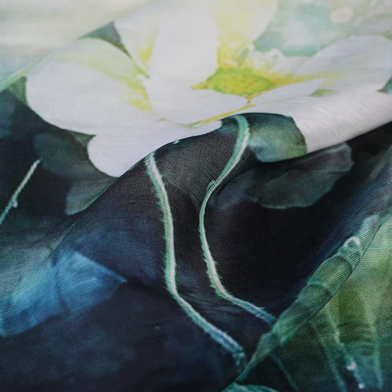 Lotus & Birds цифровая печать 50% шелк и льняная ткань для женщин платье Cheongsam 140 см в