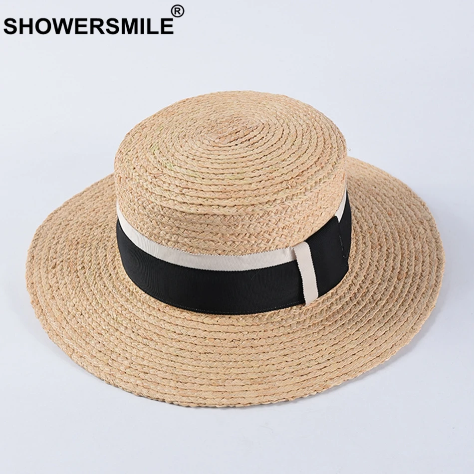 SHOWERSMILE Riffia, соломенная шляпа, женская бежевая Панама, шляпы от солнца, женская модная летняя пляжная УФ-защита, Женская Повседневная Кепка с плоской подошвой