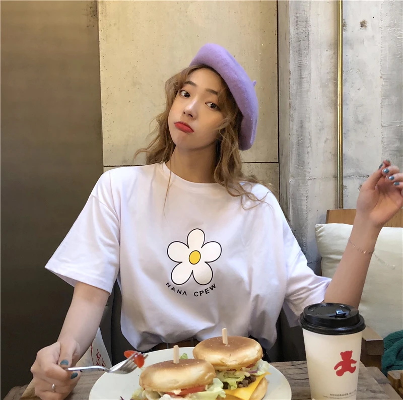 Harajuku ulzzang цветы милый корейский хлопок с коротким рукавом o-образным вырезом Летняя мода Повседневная Свободная Женская футболка большого размера