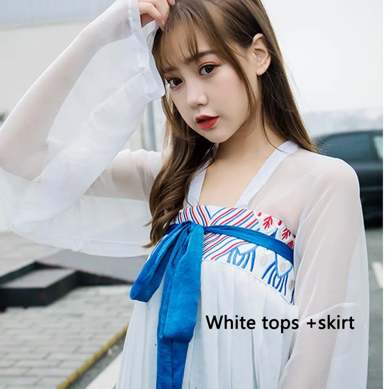 White 2PCS Женский костюм Hanfu в китайском стиле, синий элегантный китайский костюм Hanfu в древнем и традиционном стиле, большая юбка-качели, костюм для народных танцев DQL1087 - Цвет: White 2PCS