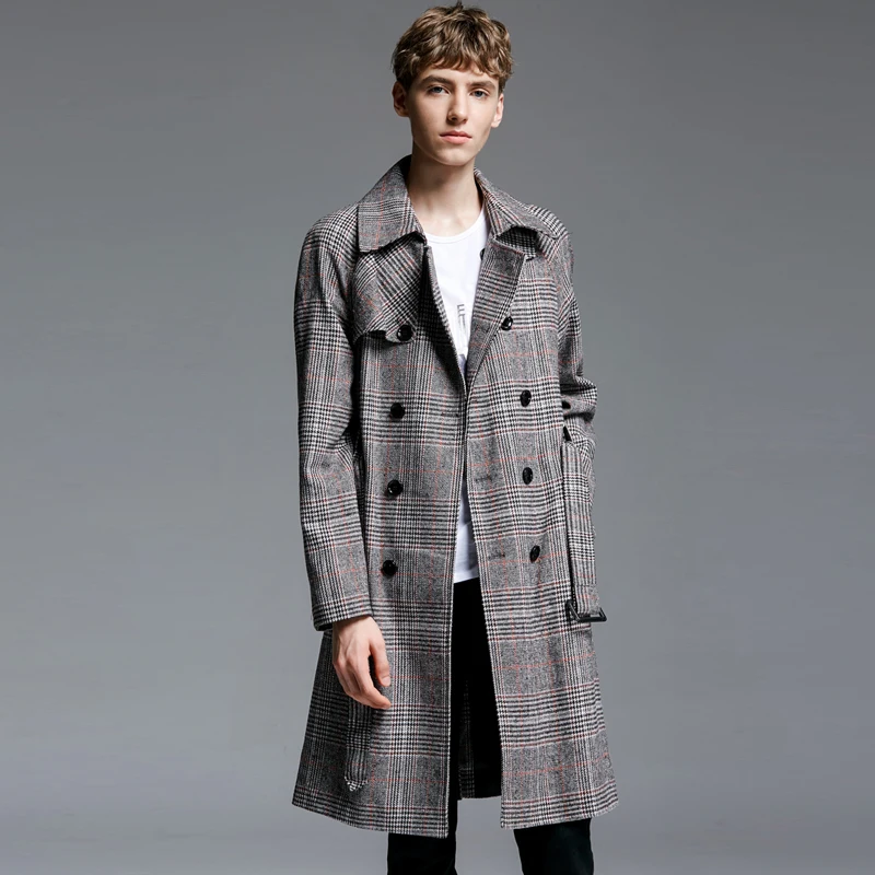 

Minglu Long Mens Coats Luxury Windbreaker Double Breasted Adjustable Waist Plaid Men Trench Plus Size 6xl Fashion Man Jackets