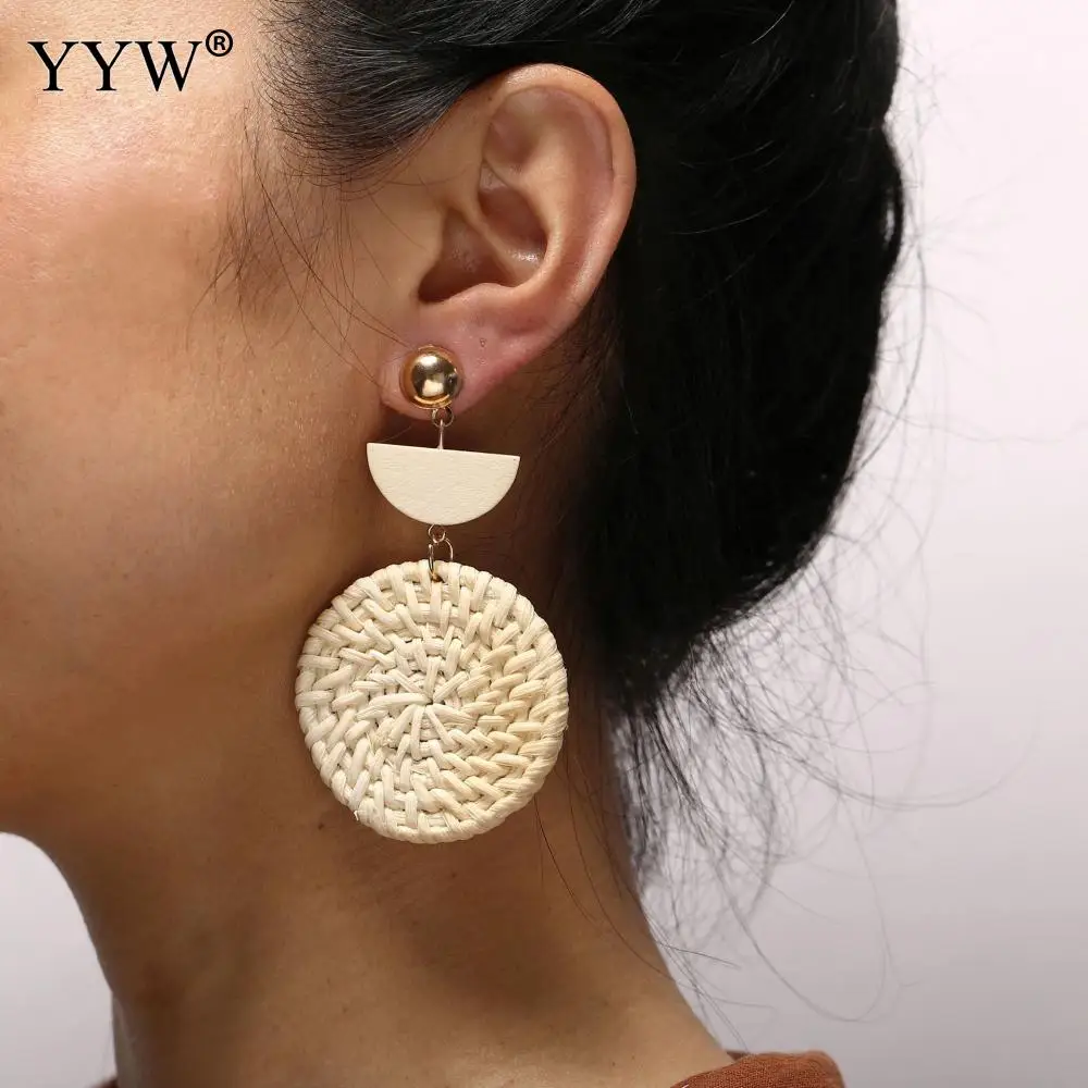 2019 Trendy Handmade Drop Earrings For Women Wooden Straw Weave Rattan Big Round Geometry Sector Wedding Dangle Jewelry | Украшения и