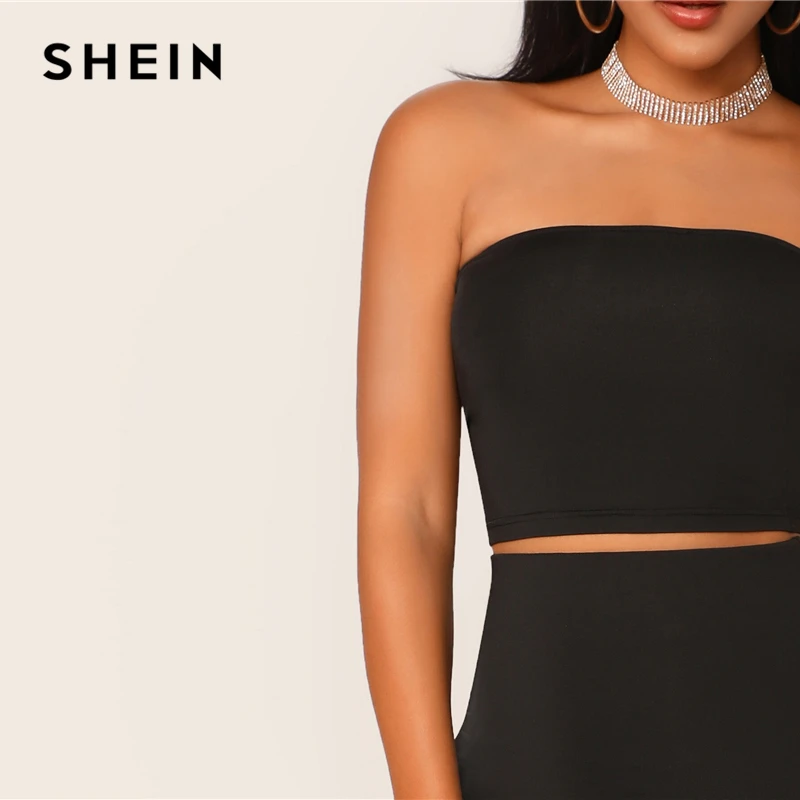 SHEIN/черный однотонный укороченный топ и длинная юбка-карандаш, комплект из двух предметов, приталенная Женский комплект 2 шт., Летний Эластичный обтягивающий комплект из двух предметов в стиле бохо