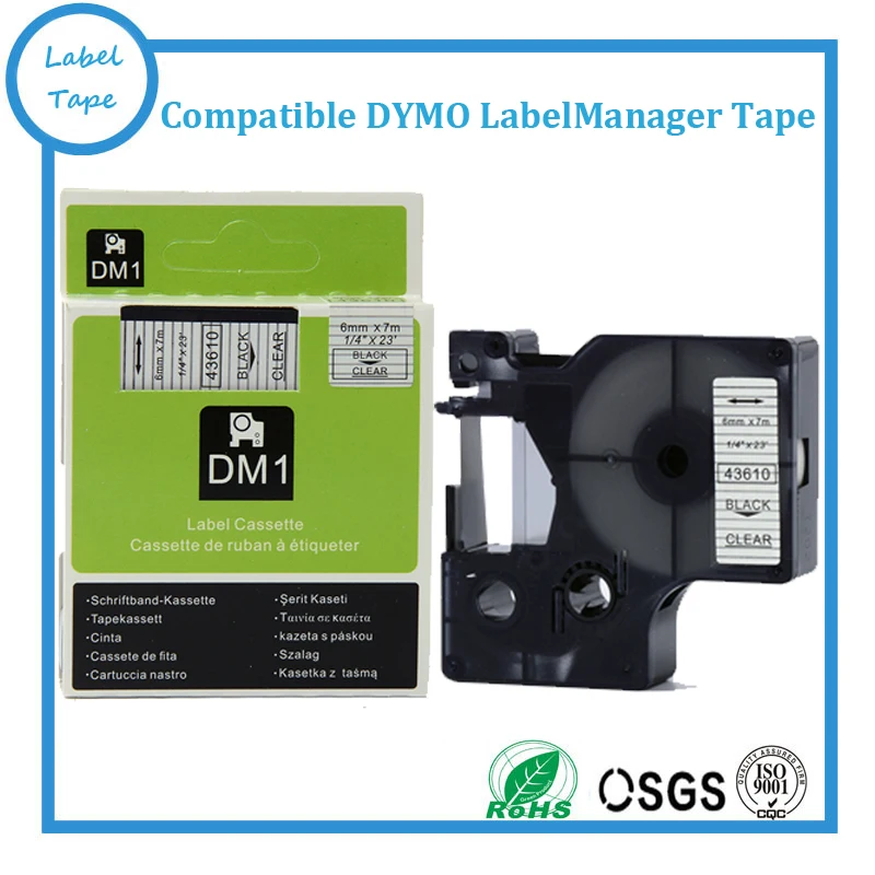 

10PK/lot 1/4'' x 23' 43610 Compatible DYMO tape, 6mm DYMO label tape, black on clear 43610 D1 tape