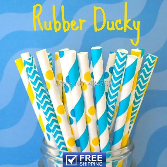 

250 Pcs Mixed 5 Designs Rubber Ducky Paper Straws USA, Blue and Yellow Striped, Polka Dot, Chevron Party Supplies Decorations
