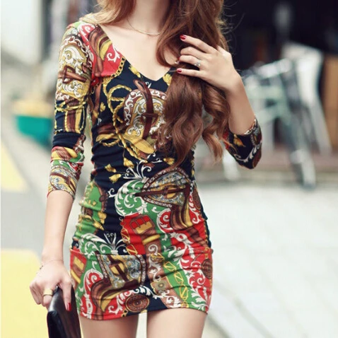 Sexy Florals Dresses Full Sleeve 2015 New Vogue Autumn Women Cotton Dress Print V-Neck Cherrykeke Slim Club | Женская одежда