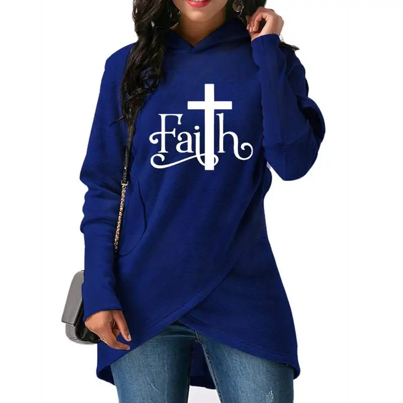 New 2018 Fashion Faith Print Sweatshirt Women Hoodies Kawaii PocketsLong Sleeve Pullover Cross Embroidery Casual | Женская одежда
