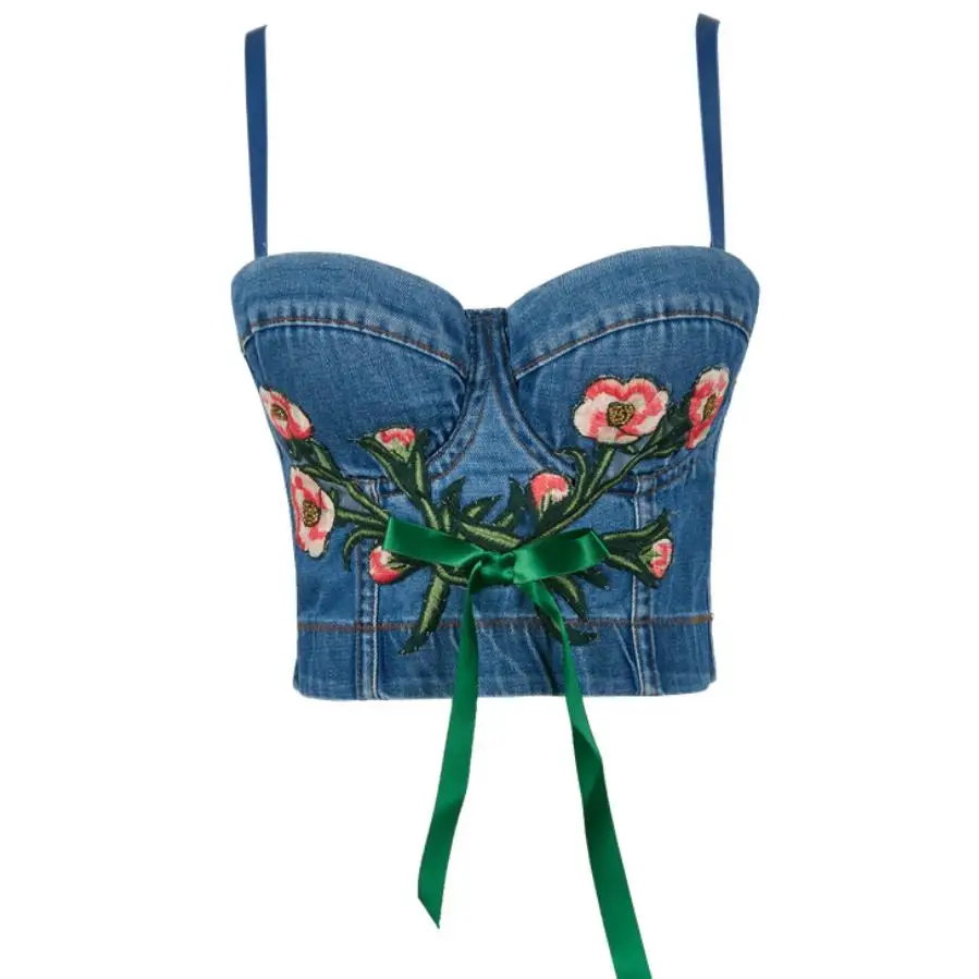 Вышивка из джинсовой ткани с цветочным узором на завязках пуш ап бюстье Для