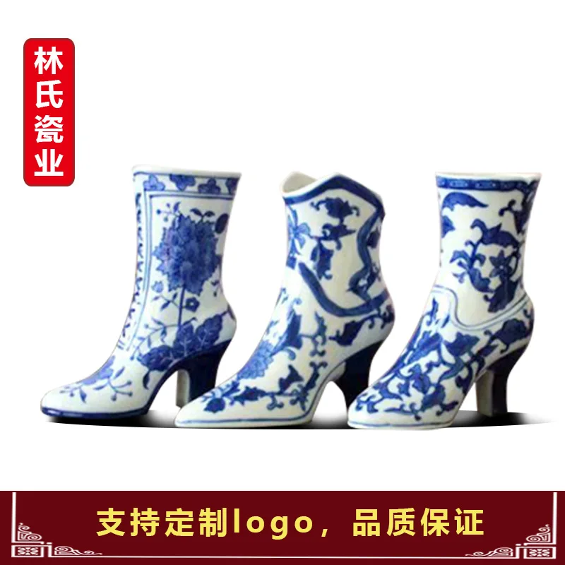 

Jingdezhen Ceramics New Chinese Blue and White Pattern Creative High-footed Shoes Flower Arrangement Porcelain Vase and Flower A