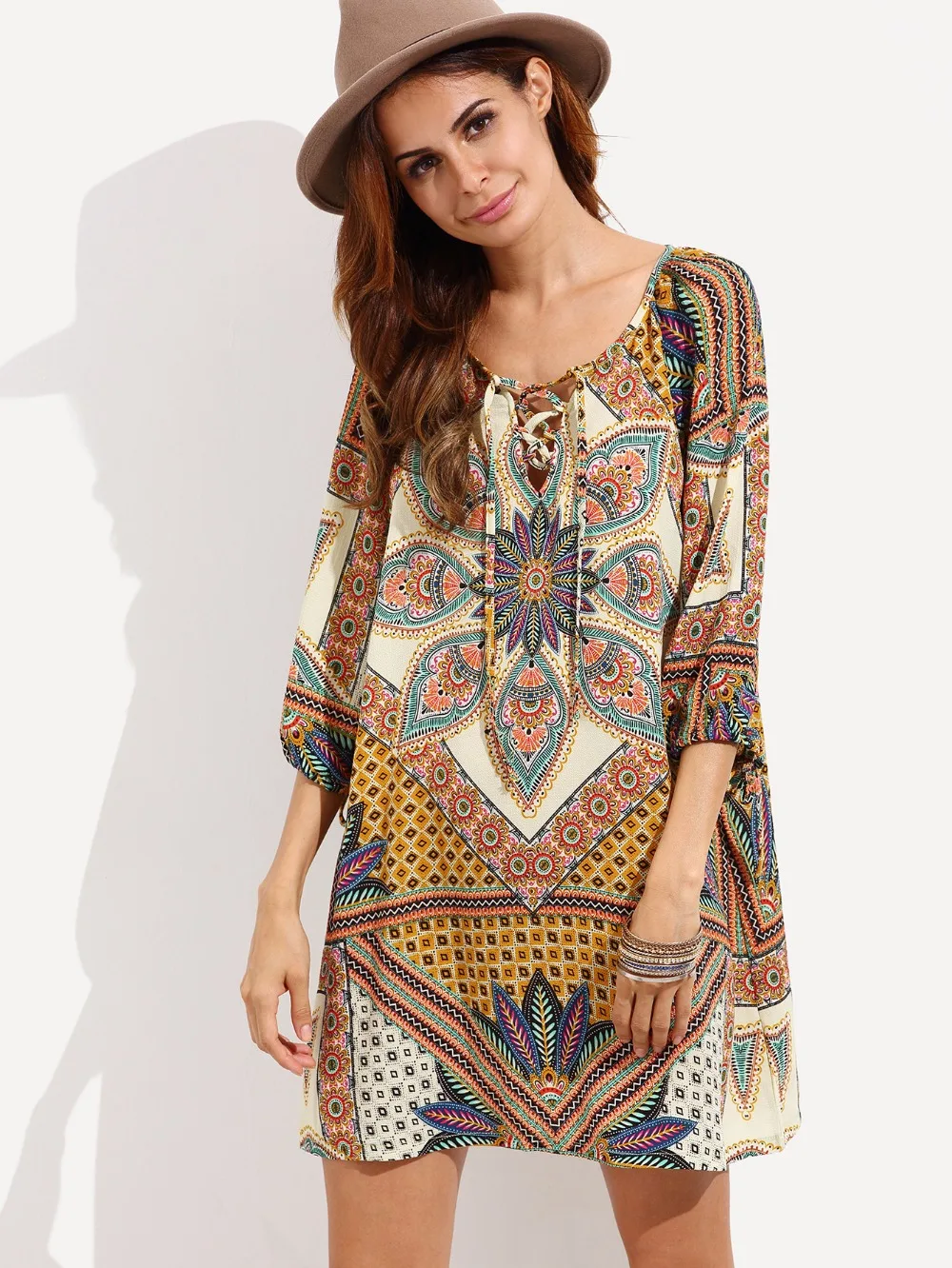 DealBang Summer Beach Bar Women Sexy Bohemian Dress 2017 New Madam O-Neck Print 3/4 Sleeves Mini Loose Dresses | Женская одежда