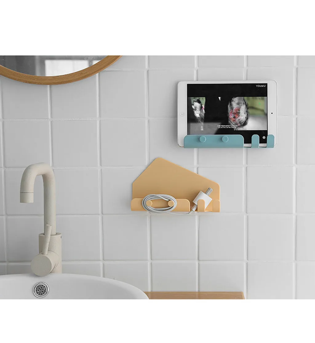 Large paste creative mobile phone tablet charging bracket door bedroom kitchen bathroom seamless storage 4 hook storage rack