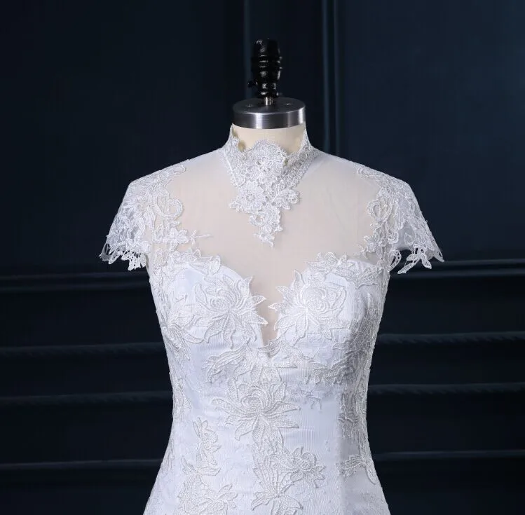 Real Image Vestido De Casamento High Neck Sheer Back Cap Sleeve Lace Mermaid Wedding Dresses Noiva 2015 PL388 | Свадьбы и торжества