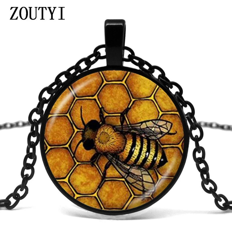 2018/ hot sale yellow queen bee necklace glass cabochon pendant silver chain necklace. | Украшения и аксессуары