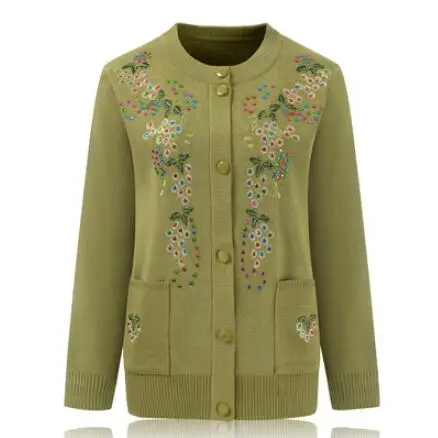 Middle and Old Age Women's Spring Autumn printed Sweater Cardigan 60-70 Year Grandmother Knitted Jacket Cashmere Pockets |
