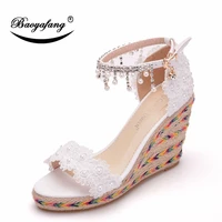 womens summer fashion lace beaded fish mouth slope heel sandals size size white slope heel sandals one word buckle wedding shoe