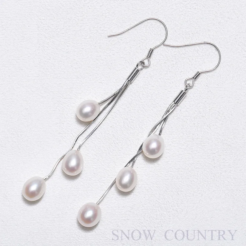 SNOW COUNTRY Three Teardrop Pearls Dangling in Sterling Silver Earrings High Quality For Girlfriend Gift Free Shipping | Украшения и