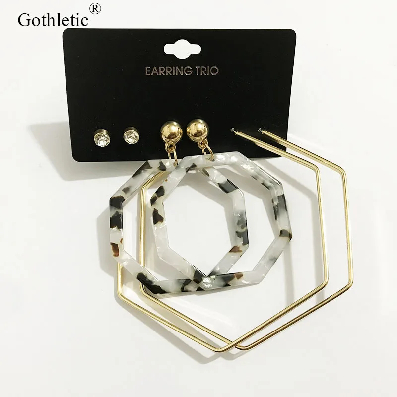 Gothletic 3 пары/набор шестигранный металлический резиновый Обруч Набор серег модные