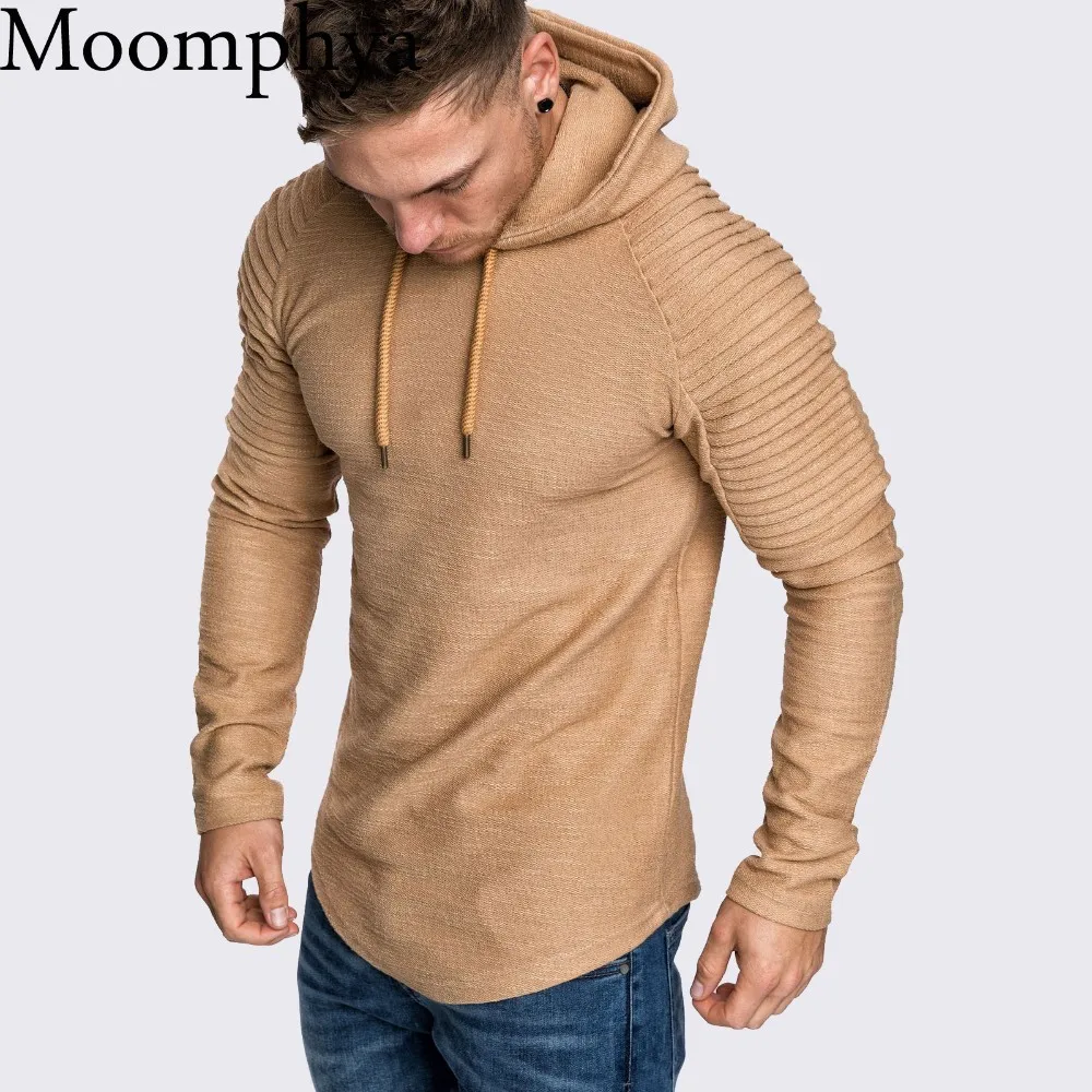

Moomphya Raglan sleeve hooded men t shirt Pleated sleeve t-shirt men Longline curved hem Hip hop slim tshirt streetwear tops