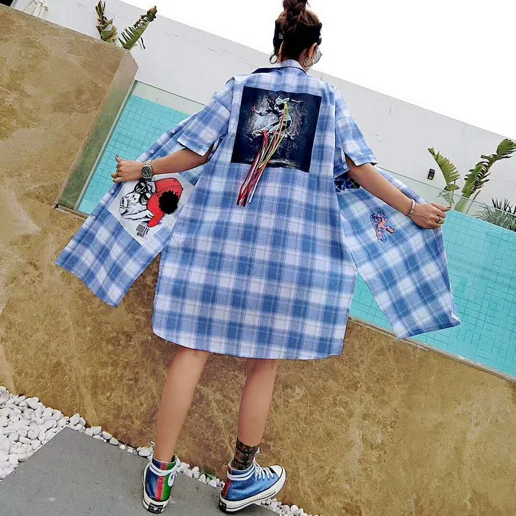 Дамы Плюс Размеры отложным воротником рубашка с платье Street Wear мультфильм