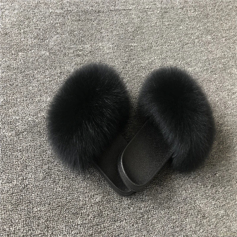 fox hair Женские шлепанцы с натуральным лисьим мехом; меховые летние пляжные шлепанцы; пляжные сандалии; шлепанцы без задника на плоской подошве; женская уличная обувь с пушистой лисой - Цвет: fox hair