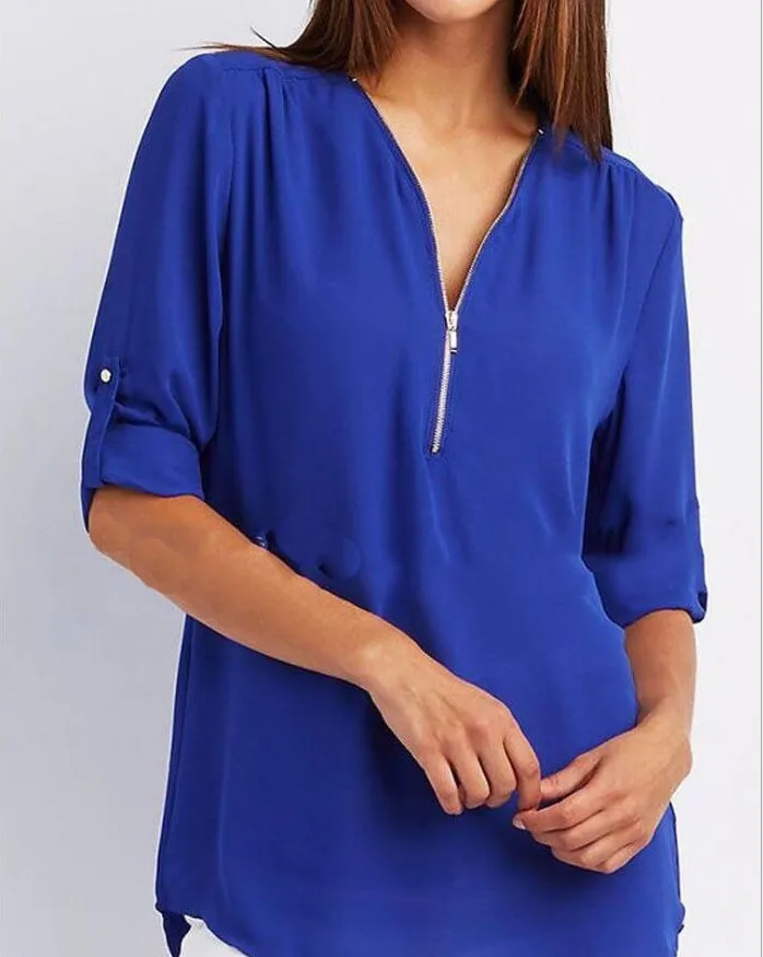 Blusas mujer de moda, рубашка с длинным рукавом и v-образным вырезом, Элегантная блузка, шифоновая Женская Коллекция nouvelle, с украшением на молнии