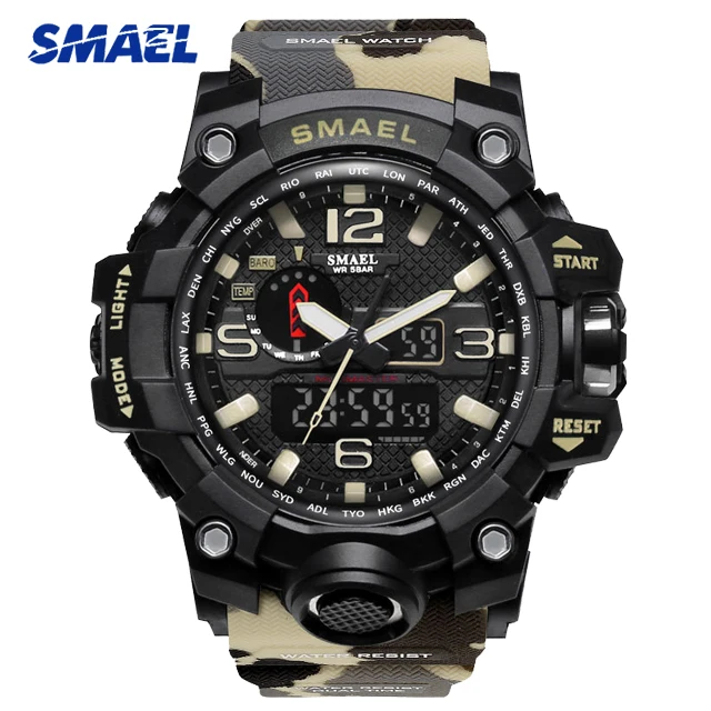 1545B Khaki SMAEL мужские камуфляжные военные спортивные часы 1545 S SHOCK style Мужские кварцевые часы мужские светодиодные цифровые наручные часы erkek kol saati - Цвет: 1545B Khaki