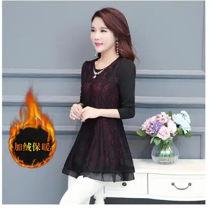 black with velvet Зимние базовые рубашки, блузки,, женские милые Лоскутные Топы с длинными рукавами из искусственного материала, 2 предмета, цветочный топ с баской, туника, винтажная кружевная блузка 3XL - Цвет: black with velvet
