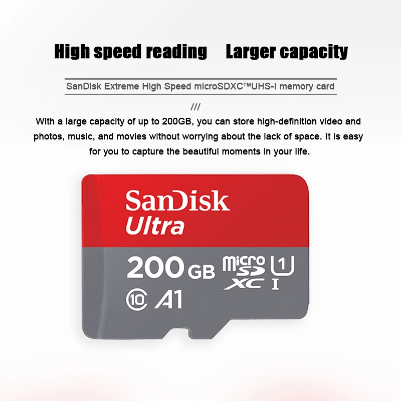 Карта памяти SanDisk A1, 200 ГБ, Micro TF/SD карта, класс 10, UHS-1, 200 ГБ, с адаптером SD,, оригинальная поддержка, официальная проверка