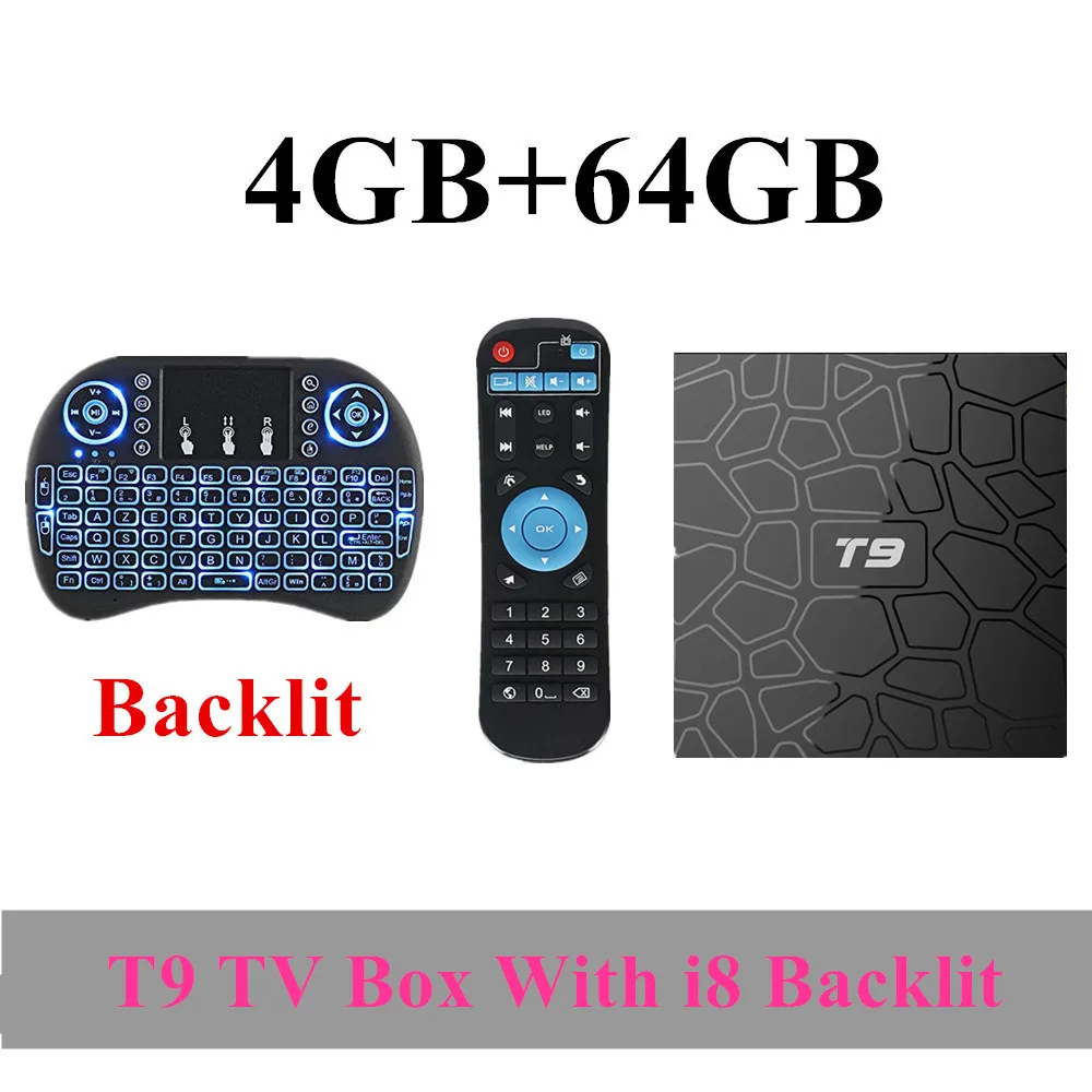 T9 ТВ приставка android 8,1 wifi 4 Гб 64 Гб ТВ приставка Bluetooth 4,0 RK3328 Четырехъядерный 4G 32G Смарт ТВ приставка андроид 8,1 приставка 5G - Цвет: 64GB i8 Air Backlit