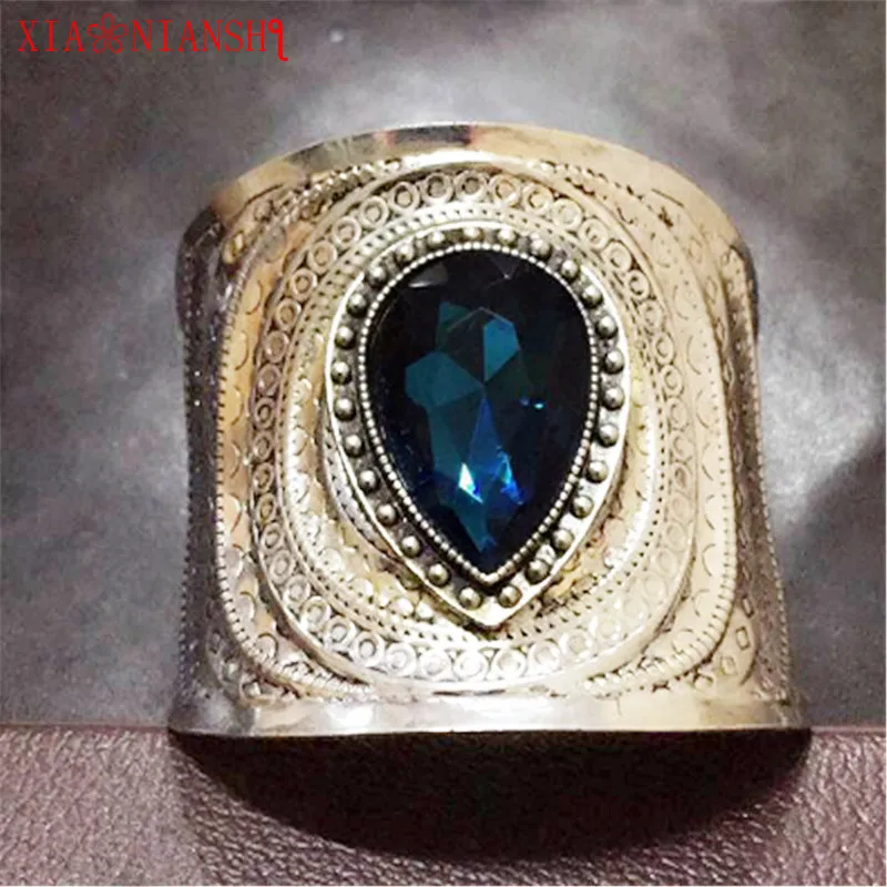 blue 2 Уникальный дизайн, этнические ювелирные изделия, большой кристалл, открытая широкая манжета, браслет с голубым камнем, мужской браслет, State, мужские браслеты, нарукавная повязка для женщин - Окраска металла: blue 2